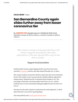 San Bernardino County Again Slides Further Away from Looser Coronavirus Tier – San Bernardino Sun