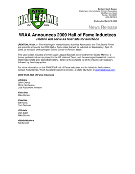 News Release WIAA Announces 2009 Hall of Fame Inductees