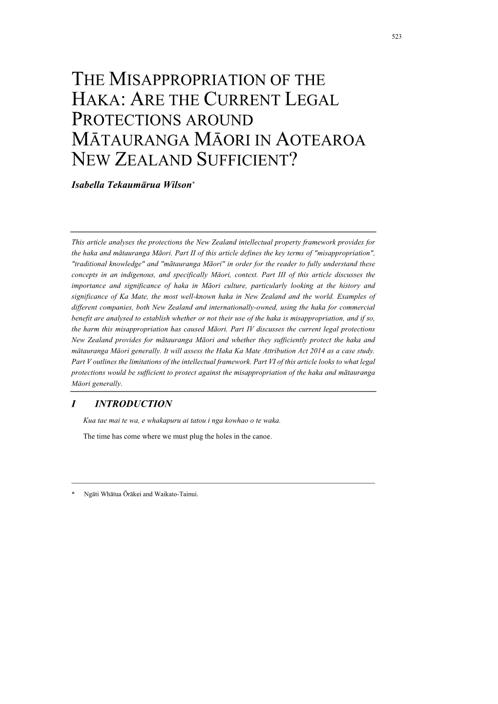 The Misappropriation of the Haka: Are the Current Legal Protections Around Mātauranga Māori in Aotearoa New Zealand Sufficient?