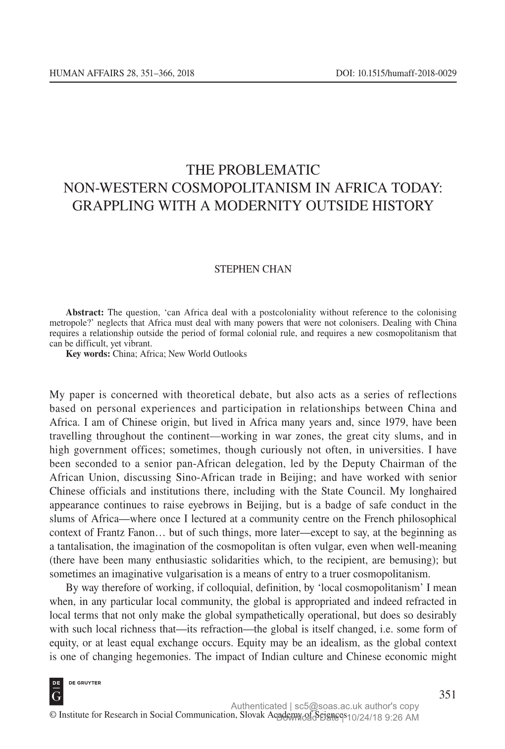 The Problematic Non-Western Cosmopolitanism in Africa Today: Grappling with a Modernity Outside History