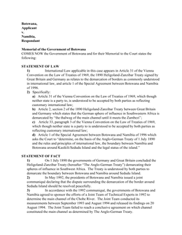 Botswana, Applicant V. Namibia, Respondant Memorial of The