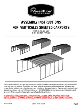 Assembly Instructions for Vertically Sheeted Carports Widths: 12’, 20’ & 24’ 5’ on Center Frames