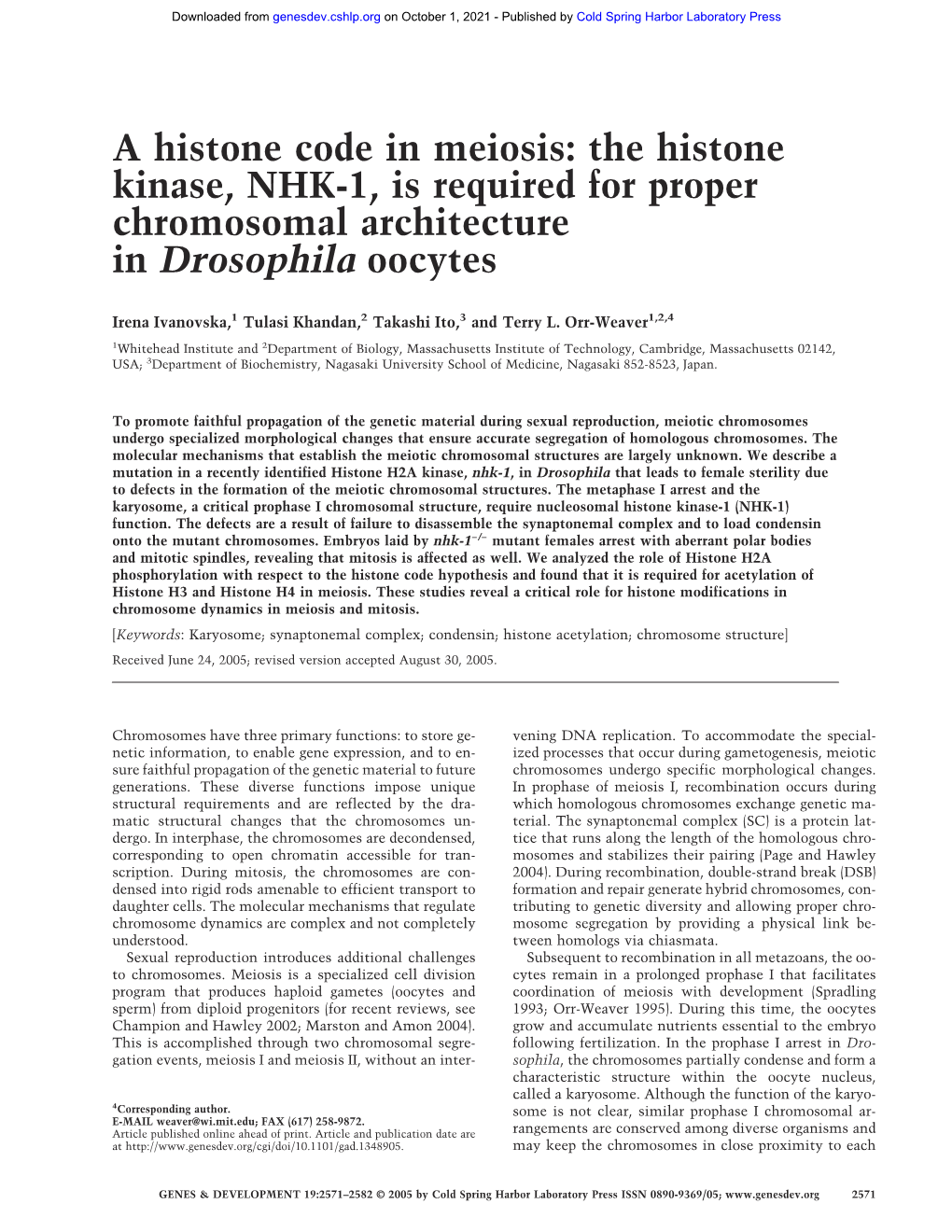 A Histone Code in Meiosis: the Histone Kinase, NHK-1, Is Required for Proper Chromosomal Architecture in Drosophila Oocytes