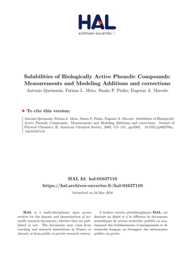 Solubilities of Biologically Active Phenolic Compounds: Measurements and Modeling Additions and Corrections Antonio Queimada, Fatima L