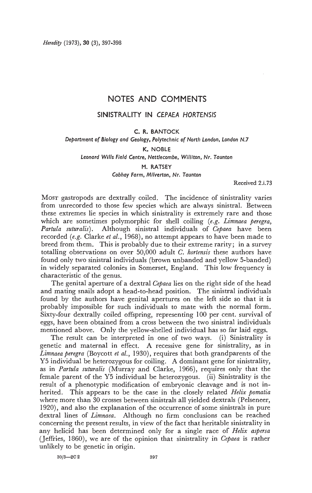 NOTES and COMMENTS Partula Suturalis). Although Sinistral Individuals of Cepaea Have Been Found by the Authors Have Genital Aper