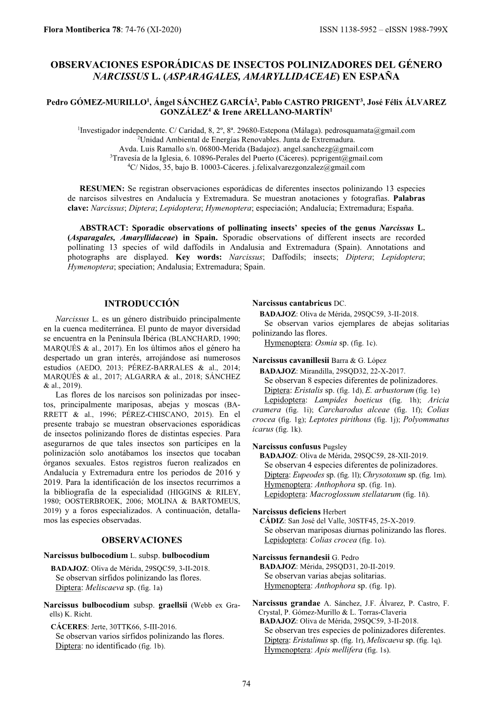 Observaciones Esporádicas De Insectos Polinizadores Del Género Narcissus L