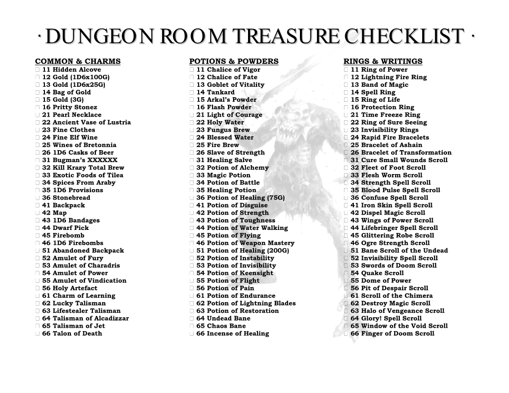 · Dungeon Room Treasure Checklist ·