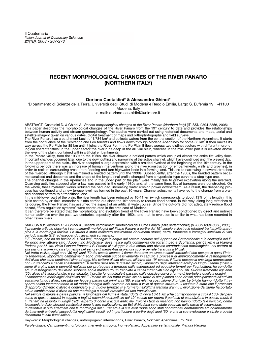 Recent Morphological Changes of the River Panaro (Northern Italy)