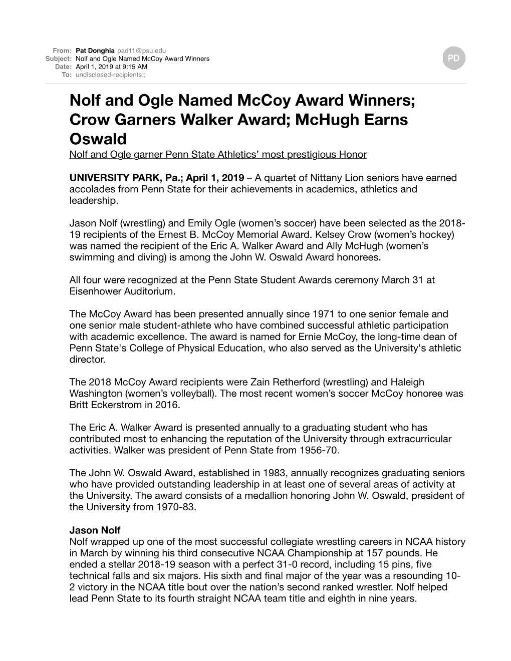 Nolf and Ogle Named Mccoy Award Winners