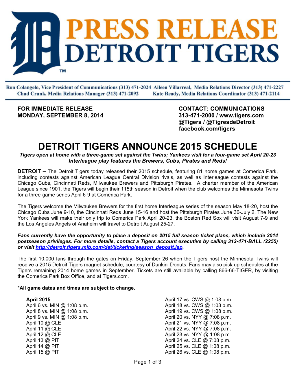 Detroit Tigers Announce 2015 Schedule