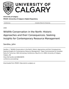 Wildlife Conservation in the North: Historic Approaches and Their Consequences; Seeking Insights for Contemporary Resource Management