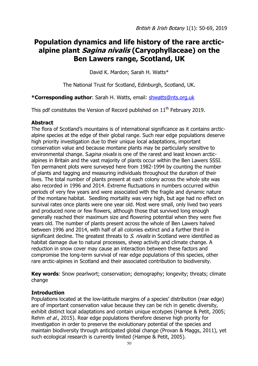 Population Dynamics and Life History of the Rare Arctic- Alpine Plant Sagina Nivalis (Caryophyllaceae) on the Ben Lawers Range, Scotland, UK