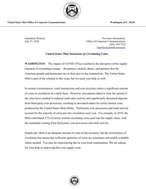 United States Mint Statement on Circulating Coins