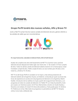 Grupo Perfil Tendrá Dos Nuevas Señales, Alfa Y Bravo TV