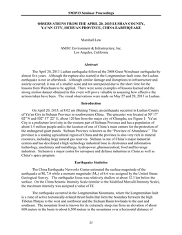 SMIP13 Seminar Proceedings OBSERVATIONS from the APRIL 20, 2013 LUSHAN COUNTY, YA'an CITY, SICHUAN PROVINCE, CHINA EARTHQUAKE