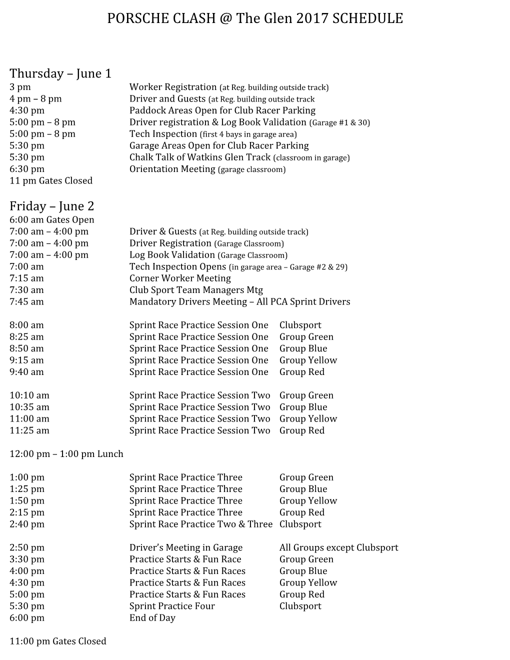 PORSCHE CLASH the Glen 2010 SCHEDULE