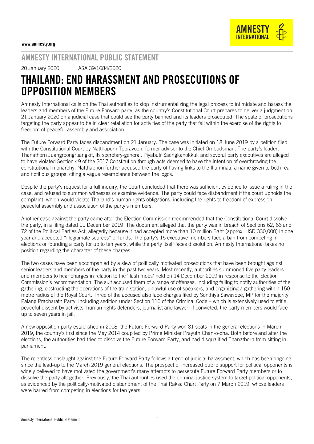 Thailand: End Harassment and Prosecutions of Opposition Members