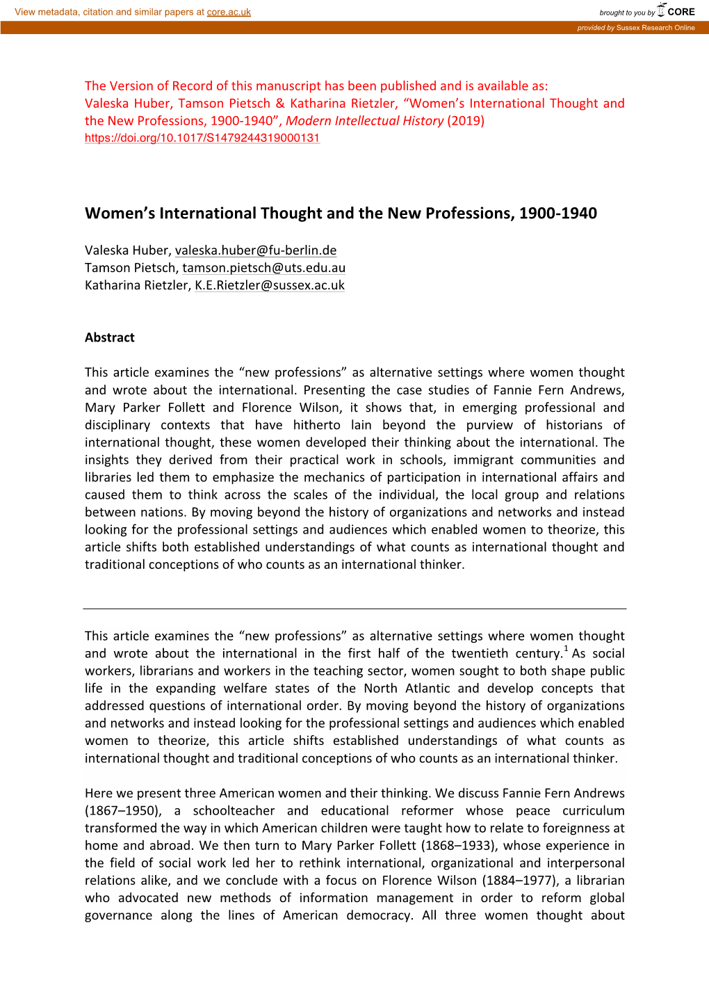 Women's International Thought and the New Professions, 1900-1940