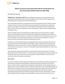 Alterna Announces New Partnership with the Toronto Rock and the Toronto Rock Athletic Centre for 2017-2018