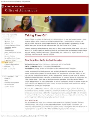 Harvard College Admissions § Applying: Taking Time Off