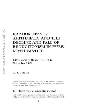 Randomness in Arithmetic and the Decline and Fall of Reductionism in Pure Mathematics
