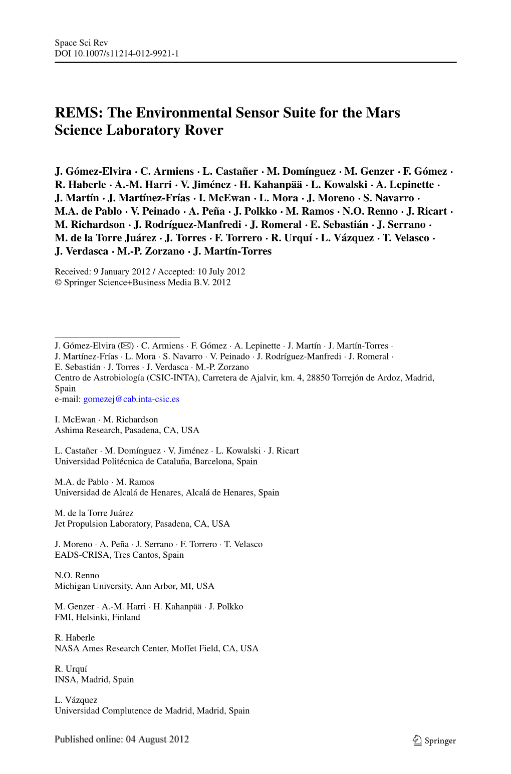 REMS: the Environmental Sensor Suite for the Mars Science Laboratory Rover