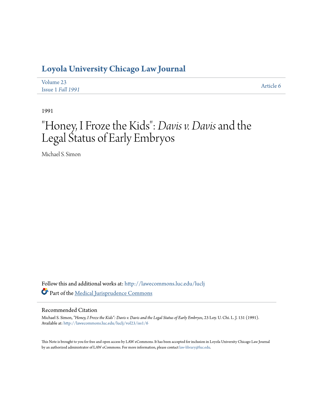 Davis V. Davis and the Legal Status of Early Embryos Michael S