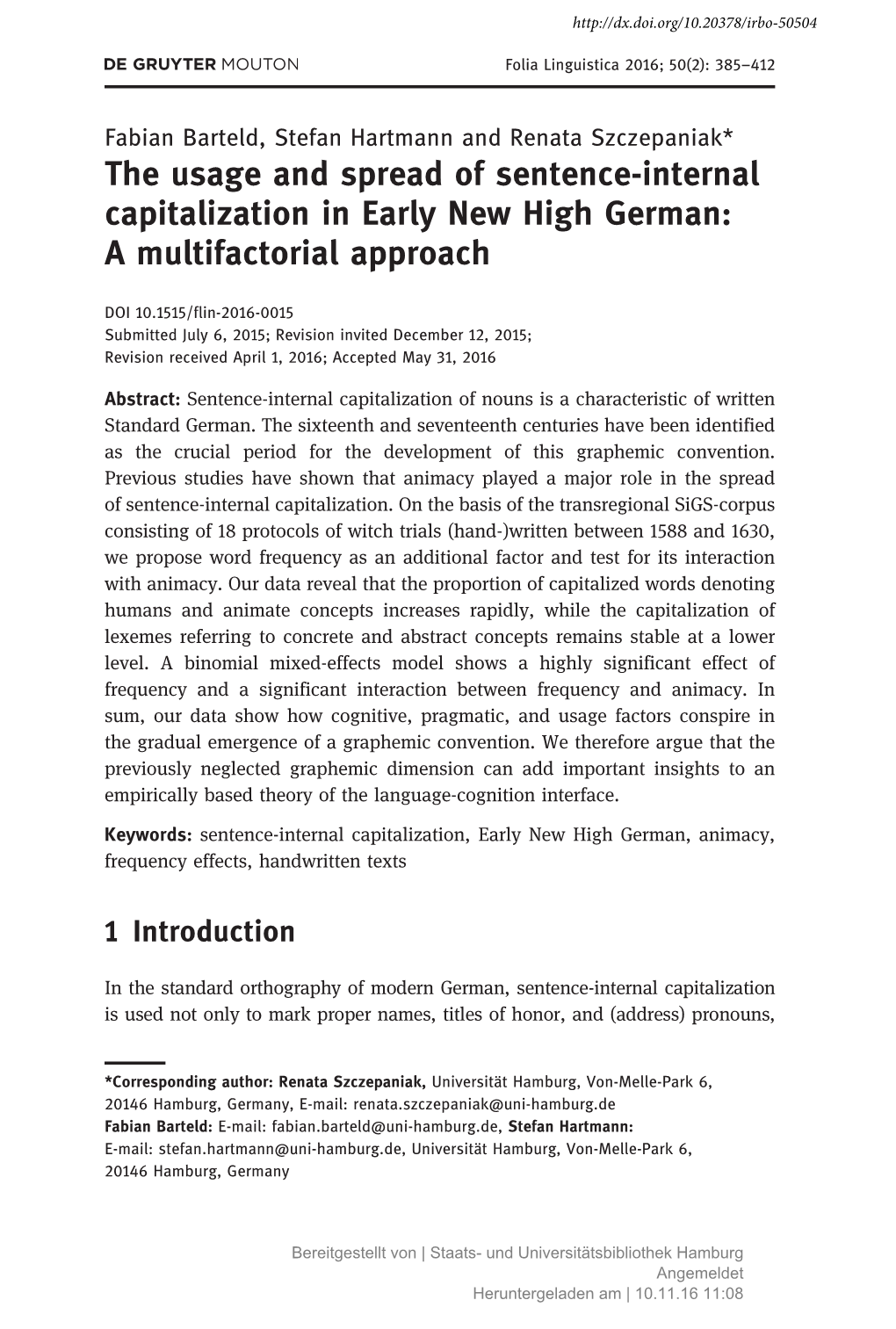 The Usage and Spread of Sentence-Internal Capitalization in Early New High German: a Multifactorial Approach