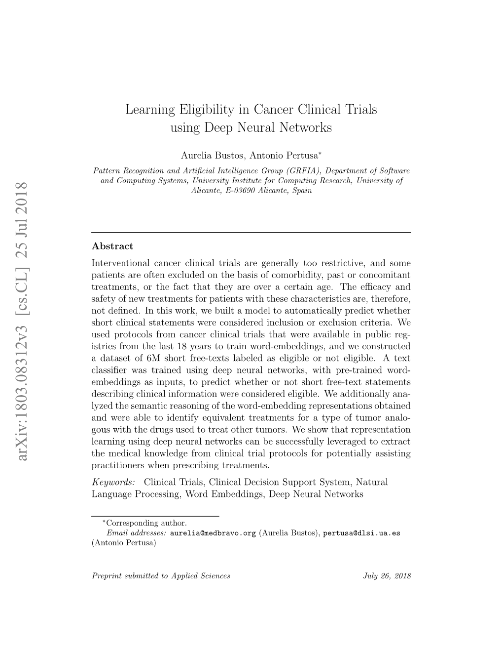 Learning Eligibility in Cancer Clinical Trials Using Deep Neural Networks