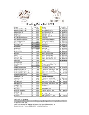 Hunting Price List 2021
