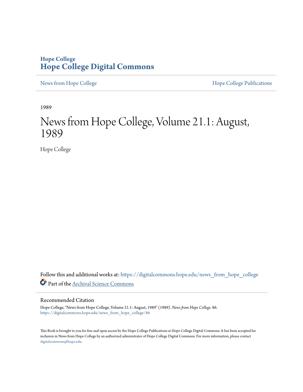 News from Hope College, Volume 21.1: August, 1989 Hope College