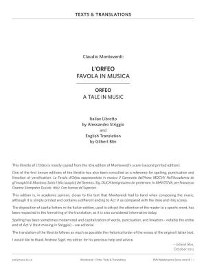 L'orfeo FAVOLA in MUSICA Texts & Translations