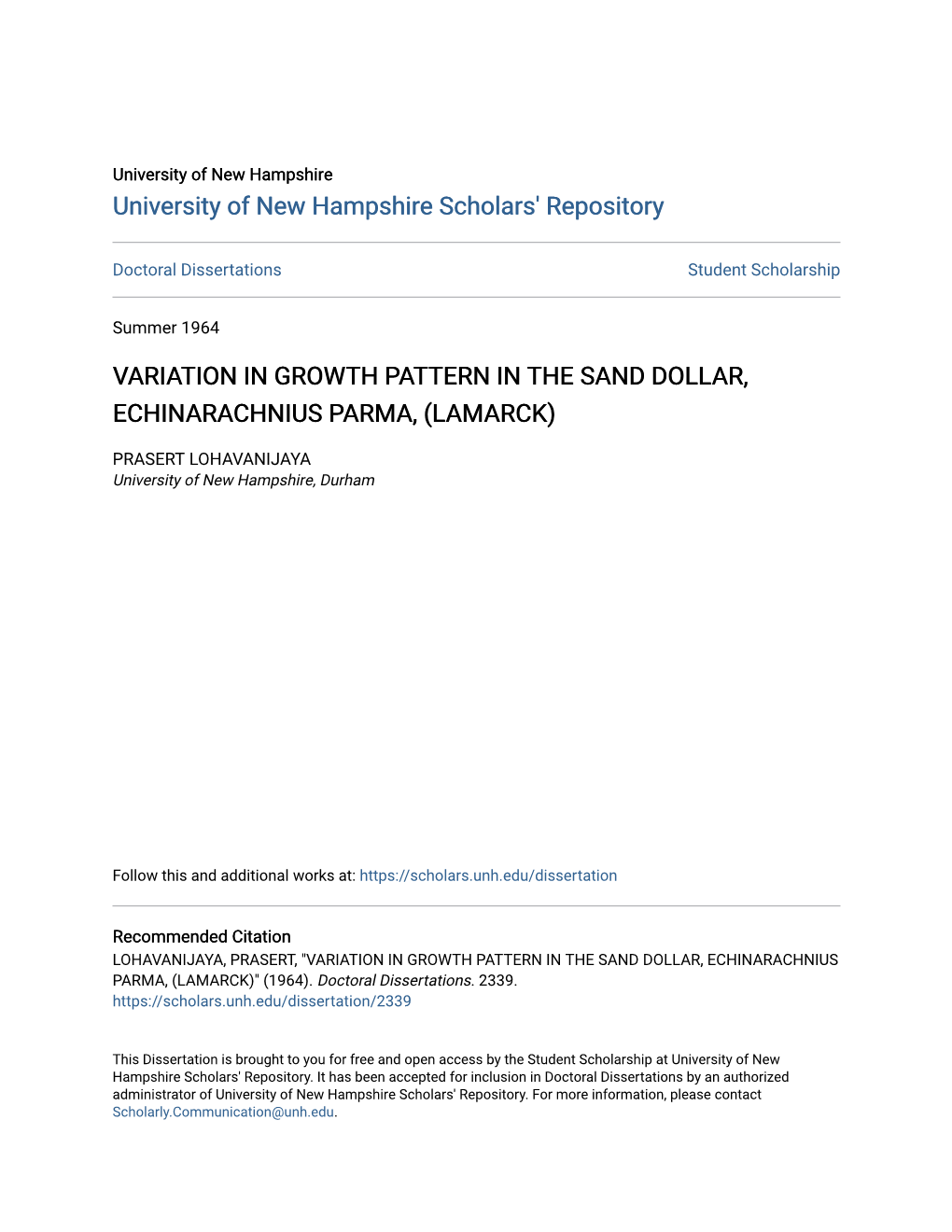 Variation in Growth Pattern in the Sand Dollar, Echinarachnius Parma, (Lamarck)