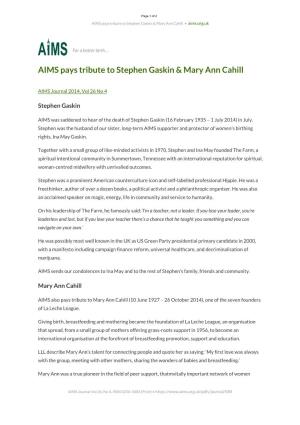 AIMS Pays Tribute to Stephen Gaskin & Mary Ann Cahill