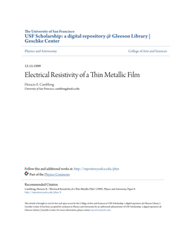 ELECTRICAL RESISTIVITY of a THIN METALLIC FILM 15 783 Cally Zero; However, This Line of Reasoning Is Simplistic: the Tum Loss As Outgoing Boundary Conditions