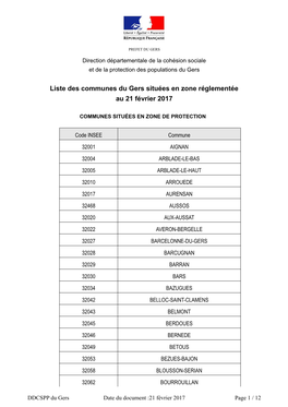 Liste Des Communes Du Gers Situées En Zone Réglementée Au 21 Février 2017