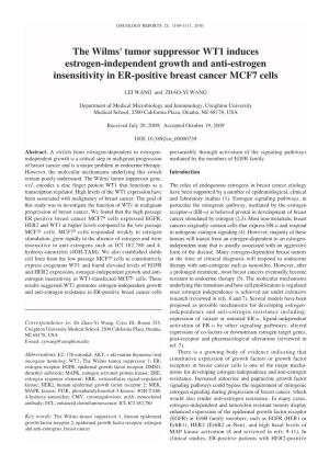 The Wilms' Tumor Suppressor WT1 Induces Estrogen-Independent Growth and Anti-Estrogen Insensitivity in ER-Positive Breast Cancer MCF7 Cells