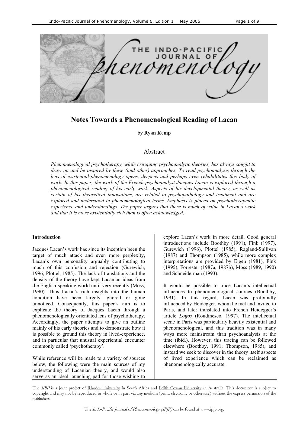 Notes Towards a Phenomenological Reading of Lacan