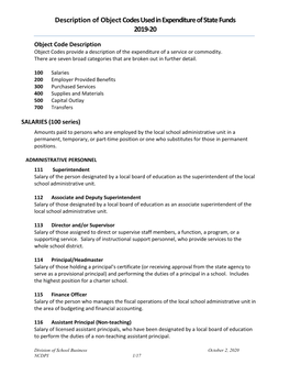 Description of Object Codes Used in Expenditure of State Funds 2019-20