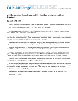 UCSD Presents Johnny Clegg and Savuka, Zulu Music Ensemble on October 1