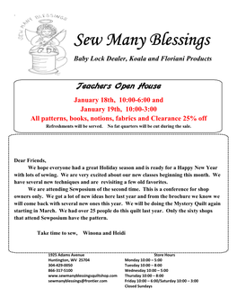 Sew Many Blessings January 2019 Newsletter