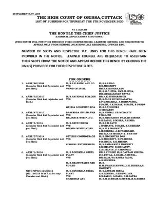 The High Court of Orissa,Cuttack List of Business for Thursday the 5Th November 2020