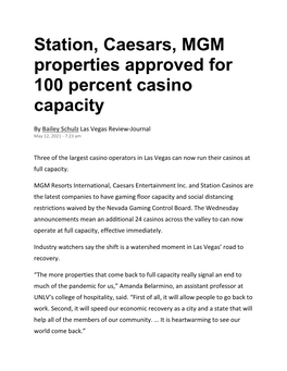 Station, Caesars, MGM Properties Approved for 100 Percent Casino Capacity
