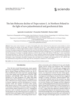 The Late Holocene Decline of Trapa Natans L. in Northern Poland in the Light of New Palaeobotanical and Geochemical Data