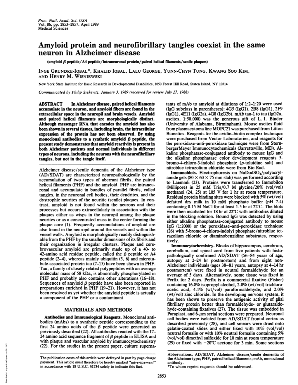 Amyloid Protein and Neurofibrillary Tangles Coexist in the Same Neuron