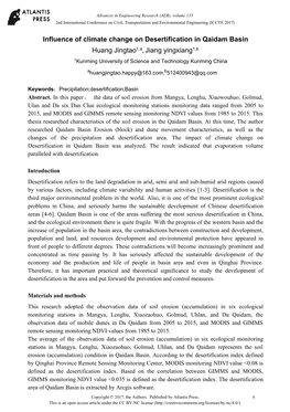 Influence of Climate Change on Desertification in Qaidam Basin Huang Jingtao1,A, Jiang Yingxiang1,B 1Kunming University of Science and Technology Kunming China