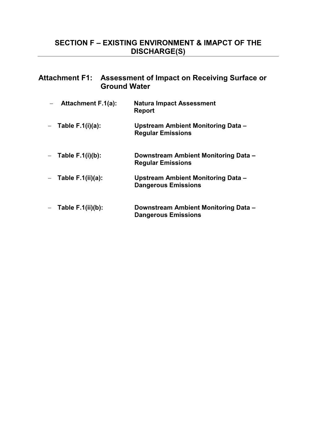 Attachment F1: Assessment of Impact on Receiving Surface Or Ground Water