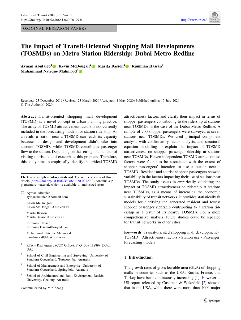 The Impact of Transit-Oriented Shopping Mall Developments (Tosmds) on Metro Station Ridership: Dubai Metro Redline