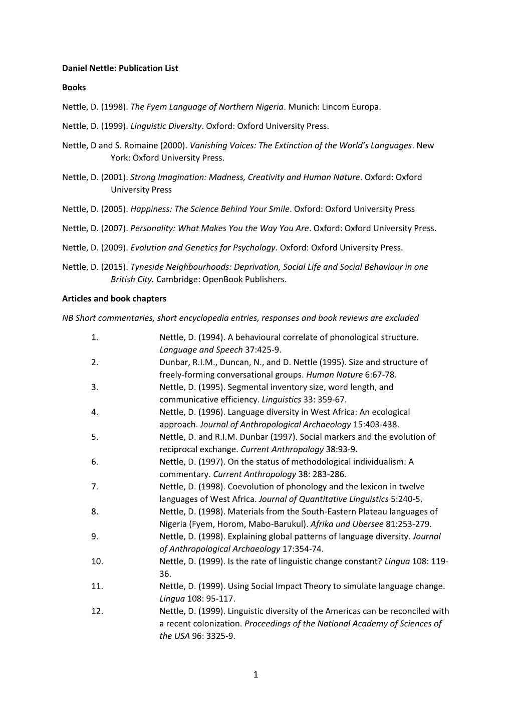 Publication List Books Nettle, D. (1998). the Fyem