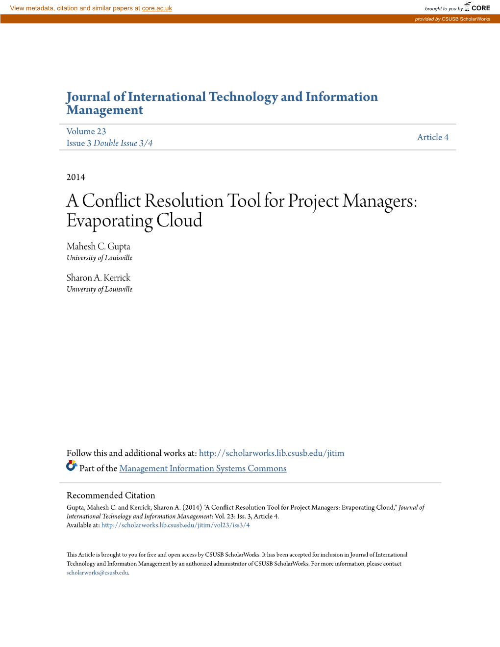 A Conflict Resolution Tool for Project Managers: Evaporating Cloud Mahesh C